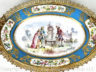 French Hand-Painted Sèvres Porcelain Compote with Gilt Bronze Mounts  Depicting A Courting Scene.