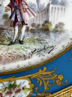 French Hand-Painted Sèvres Porcelain Compote with Gilt Bronze Mounts  Depicting A Courting Scene.