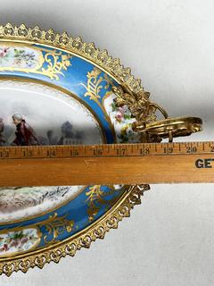 French Hand-Painted Sèvres Porcelain Compote with Gilt Bronze Mounts  Depicting A Courting Scene.
