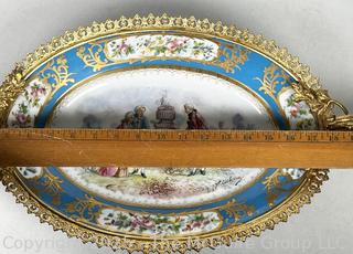 French Hand-Painted Sèvres Porcelain Compote with Gilt Bronze Mounts  Depicting A Courting Scene.