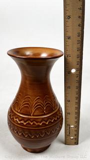 Brown Hand Thrown Glazed Pottery Vase Signed Crotan. 7" tall.