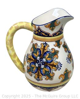 Godinger & Co. Blue and Gold Mediterranean Inspired Pottery Pitcher.  10"