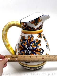 Godinger & Co. Blue and Gold Mediterranean Inspired Pottery Pitcher.  10"