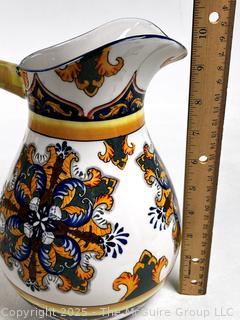 Godinger & Co. Blue and Gold Mediterranean Inspired Pottery Pitcher.  10"
