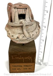 Pre-Columbian Molded Terracotta Fanged Effigy, Tumaco Culture c 500BC-500AD