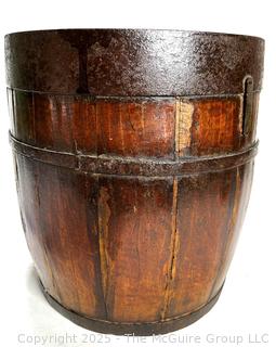 Iron Banded Wood Bucket or Barrel.  Base Loose. 11" tall