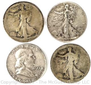 Four ($) US Silver Coins: Walking Liberty and Franklin Half Dollar 50 cent coins