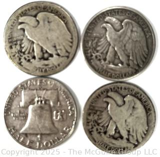 Four ($) US Silver Coins: Walking Liberty and Franklin Half Dollar 50 cent coins
