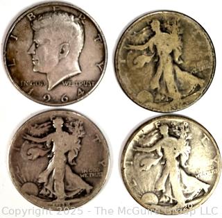 Four (4) US Silver Coins - Walking Liberty and Kennedy Half Dollar 50 Cent Coins