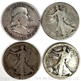 Four (4) US Silver Coins: Walking Liberty and Franklin Half Dollar 50 cent coins