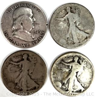 Four (4) US Silver Coins: Walking Liberty and Franklin Half Dollar 50 cent coins