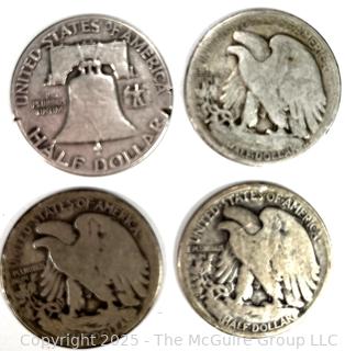 Four (4) US Silver Coins: Walking Liberty and Franklin Half Dollar 50 cent coins