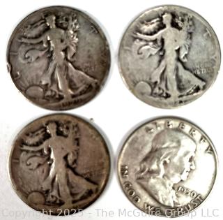 Four (4) US Silver Coins Walking Liberty and Franklin Half Dollar 50 Cent Coins