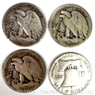Four (4) US Silver Coins Walking Liberty and Franklin Half Dollar 50 Cent Coins