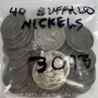 Forty (40) US Buffalo Nickel Coins with Various Dates