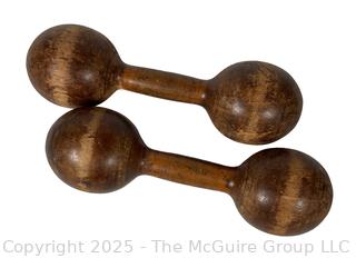 Pair of Victorian Wood Barbell Weights Dumbbells