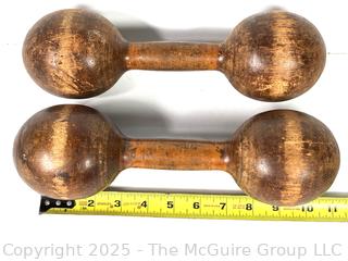 Pair of Victorian Wood Barbell Weights Dumbbells