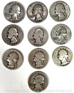 Ten (10) US Washington Head Quarter 25 Cent Silver Coins with Various Dates and Marks