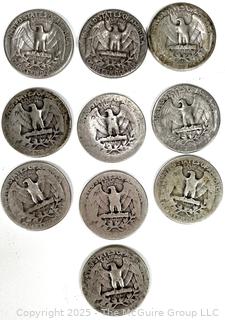 Ten (10) US Washington Head Quarter 25 Cent Silver Coins with Various Dates and Marks
