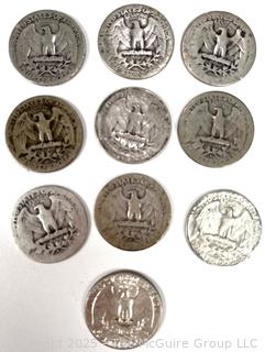 Ten (10) US Silver Coins Washington Quarter Dollar 25 Cent Coins with Various Dates 