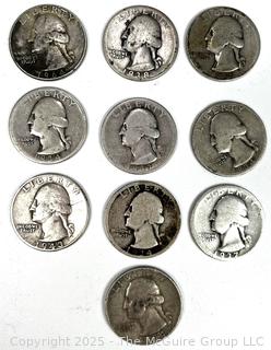 Ten (10) US Silver Coins Washington Quarter Dollar 25 Cent Coins, with Various Dates
