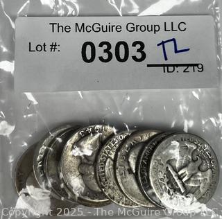 Ten (10) US Silver Coins Washington Quarter Dollar 25 Cent Coins, with Various Dates
