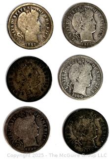 Six (6) US Silver Coins: Barber 10 Cent Dime Various Dates and Denominations