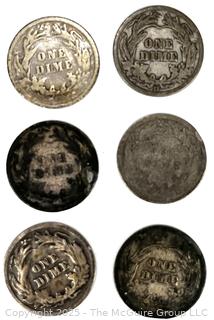 Six (6) US Silver Coins: Barber 10 Cent Dime Various Dates and Denominations
