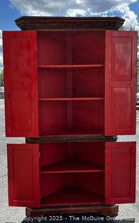 Primitive Corner Cabinet with Red Interior and Square Nail Heads