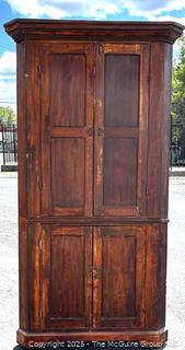 Primitive Corner Cabinet with Red Interior and Square Nail Heads