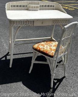 Victorian White Painted Wicker Vanity Desk and Chair. 