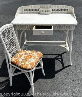 Victorian White Painted Wicker Vanity Desk and Chair. 