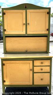 Green Enamel Oxford Hoosier Kitchen Cabinet, Two Piece