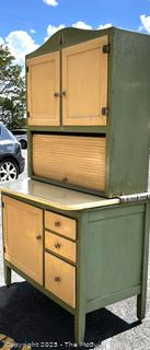 Green Enamel Oxford Hoosier Kitchen Cabinet, Two Piece