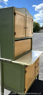 Green Enamel Oxford Hoosier Kitchen Cabinet, Two Piece