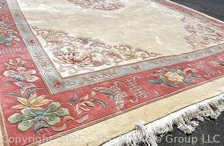 Palace Size Wool Hand Knotted Aubusson Ivory and Pink Rug. 114" x 172"