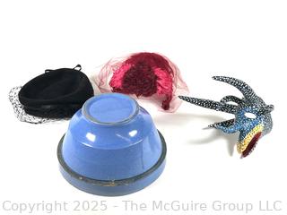 Blue Stoneware Mixing Bowl, Hats and Puerto Rican Vejigante Mask