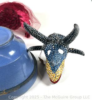 Blue Stoneware Mixing Bowl, Hats and Puerto Rican Vejigante Mask