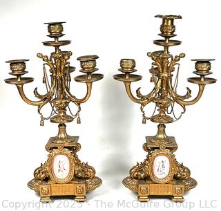 Two (2) French Rococo Louis XV Style Four Light Candelabras with Porcelain Plaque of Cherubs