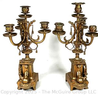 Two (2) French Rococo Louis XV Style Four Light Candelabras with Porcelain Plaque of Cherubs
