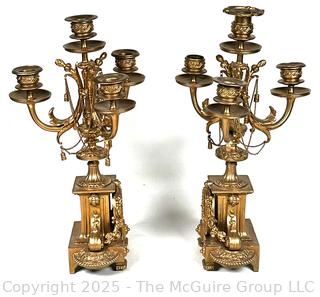 Two (2) French Rococo Louis XV Style Four Light Candelabras with Porcelain Plaque of Cherubs