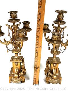 Two (2) French Rococo Louis XV Style Four Light Candelabras with Porcelain Plaque of Cherubs