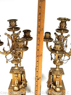 Two (2) French Rococo Louis XV Style Four Light Candelabras with Porcelain Plaque of Cherubs