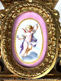 Two (2) French Rococo Louis XV Style Four Light Candelabras with Porcelain Plaque of Cherubs