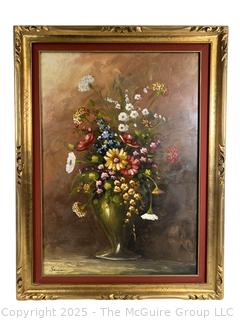 Giltwood Framed Oil on Canvas of Floral Still Life Signed by Artist Salvietti. 24" x 34"