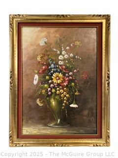 Giltwood Framed Oil on Canvas of Floral Still Life Signed by Artist Salvietti. 24" x 34"