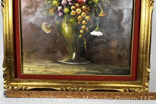 Giltwood Framed Oil on Canvas of Floral Still Life Signed by Artist Salvietti. 24" x 34"