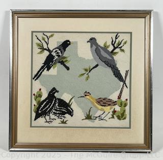 Framed Under Glass Needlework of Birds of Texas.  19" Square