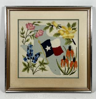 Framed Under Glass Needlework, Flowers of Texas.  19" Square