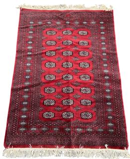 Hand Knotted Pakistan Bokhara Jhaldar Wool Rug on Red Ground. 5' 7" x 4'